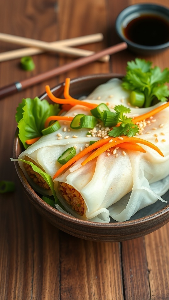 A healthy quinoa egg roll in a bowl with cabbage, carrots, and green onions, garnished with sesame seeds and cilantro.